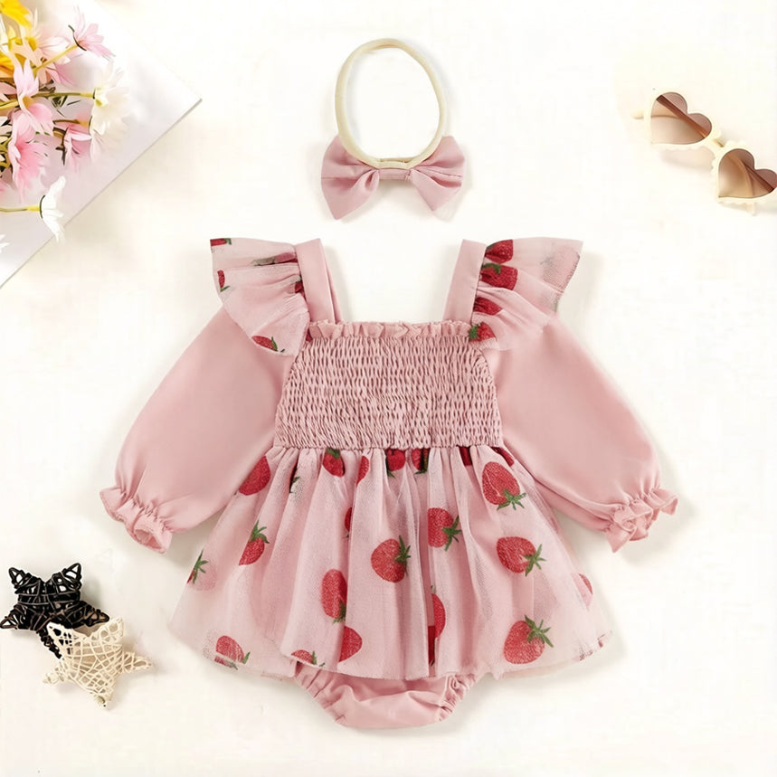 2PCS Pretty Strawberry Print Tulle Long Sleeve Baby Romper