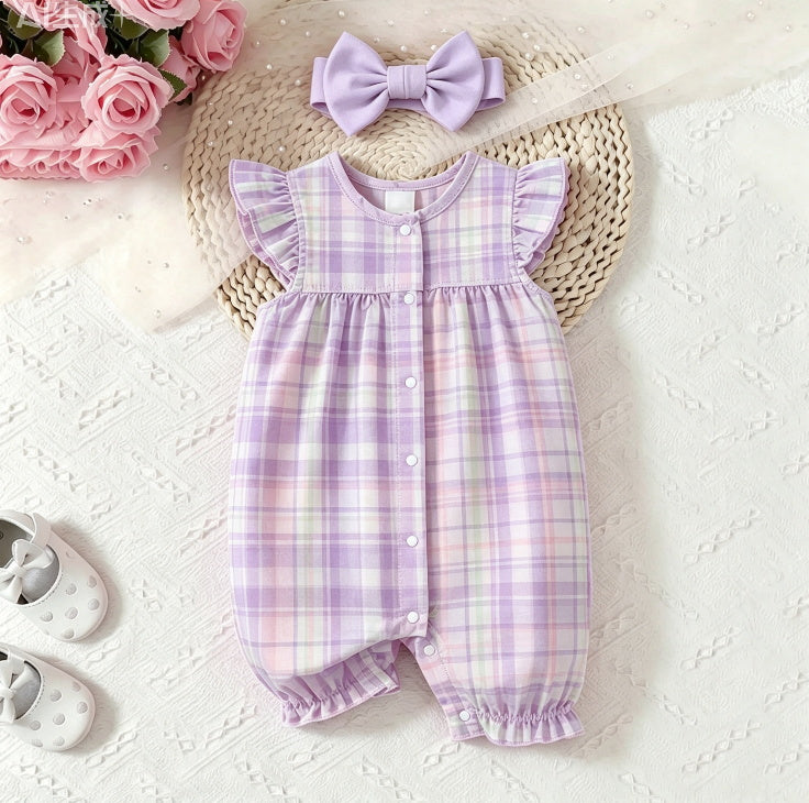 2PCS Pastel Colors Plaid Print Flutter Sleeve Baby Girl Jumpsuit