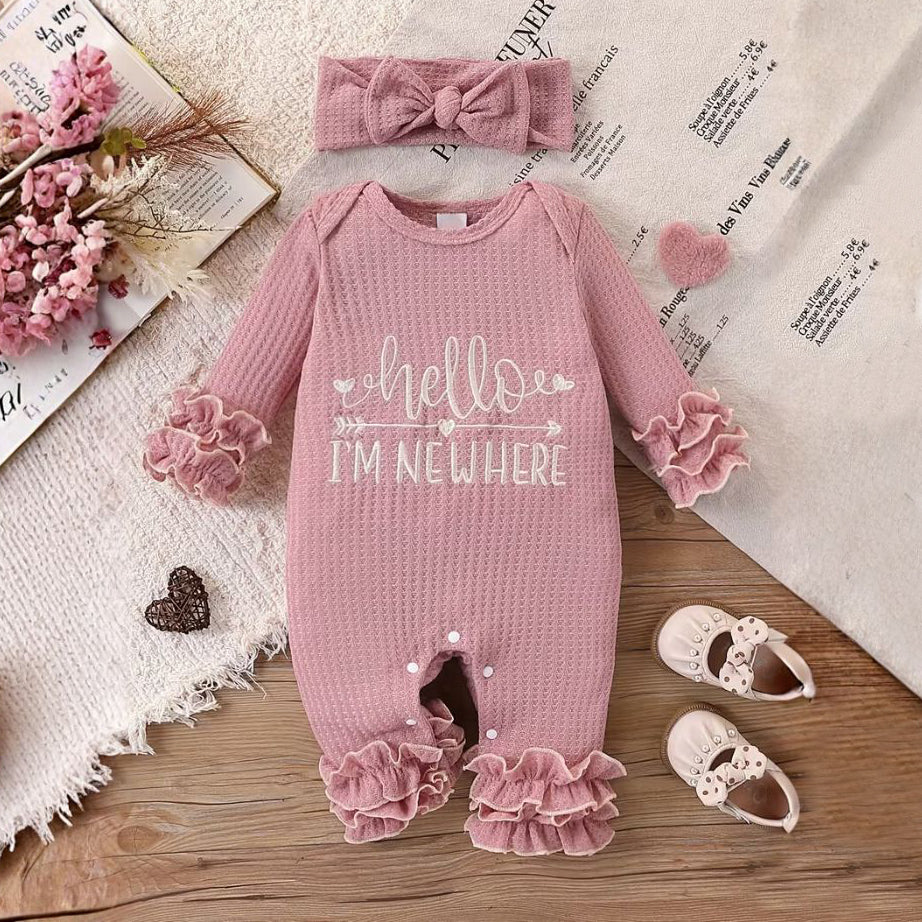 2PCS Hello I'm New Here Letter Printed Ruffle Baby Jumpsuit
