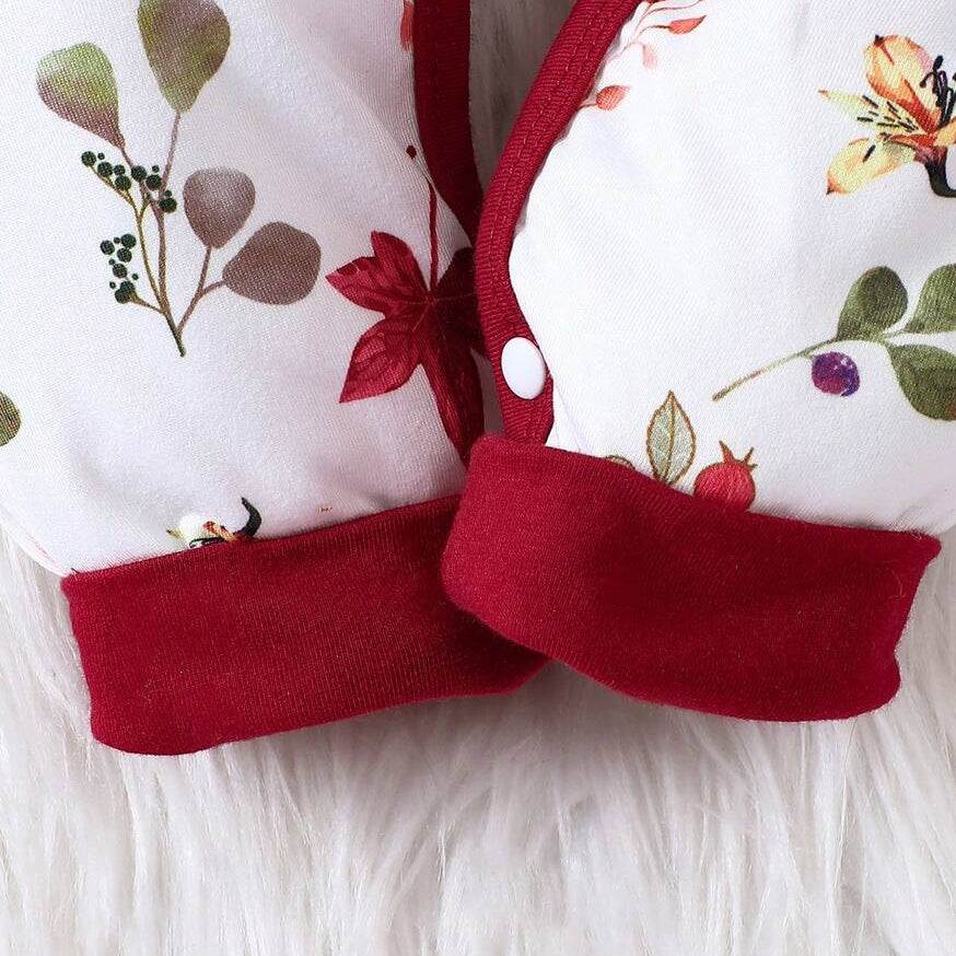 2PCS Allover Leaf Print Long Sleeve Baby Girl Jumpsuit