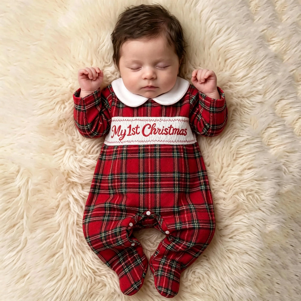 My 1st Christmas Letter Embroidered Plaid Printed Baby Girl Jumpsuit