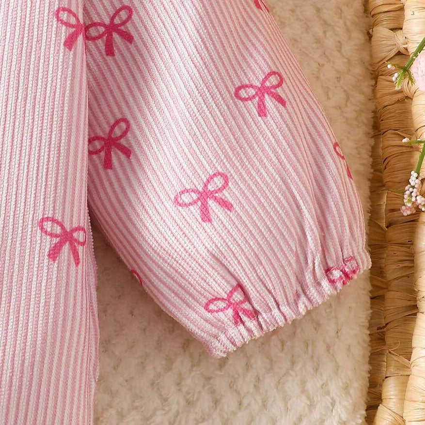 Sweet Bowknot Print Ruffle Long Sleeve Baby Jumpsuit