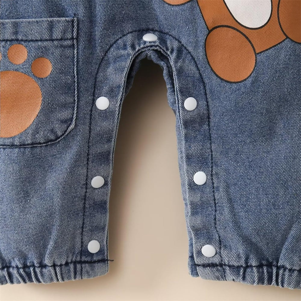 2PCS Casual Bear Print Long Sleeve Denim Overalls Baby Set
