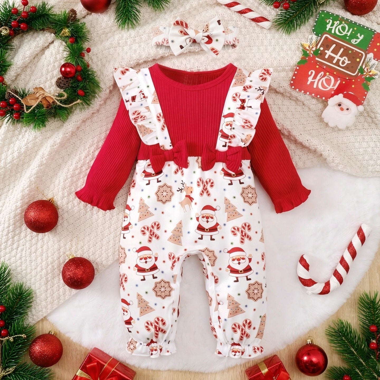 2PCS Cute Santa Claus Christmas Elements Printed Baby Jumpsuit