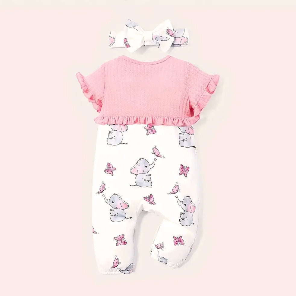 2PCS Lovely Elephant Printed Short Sleeve Baby Jumpsuit