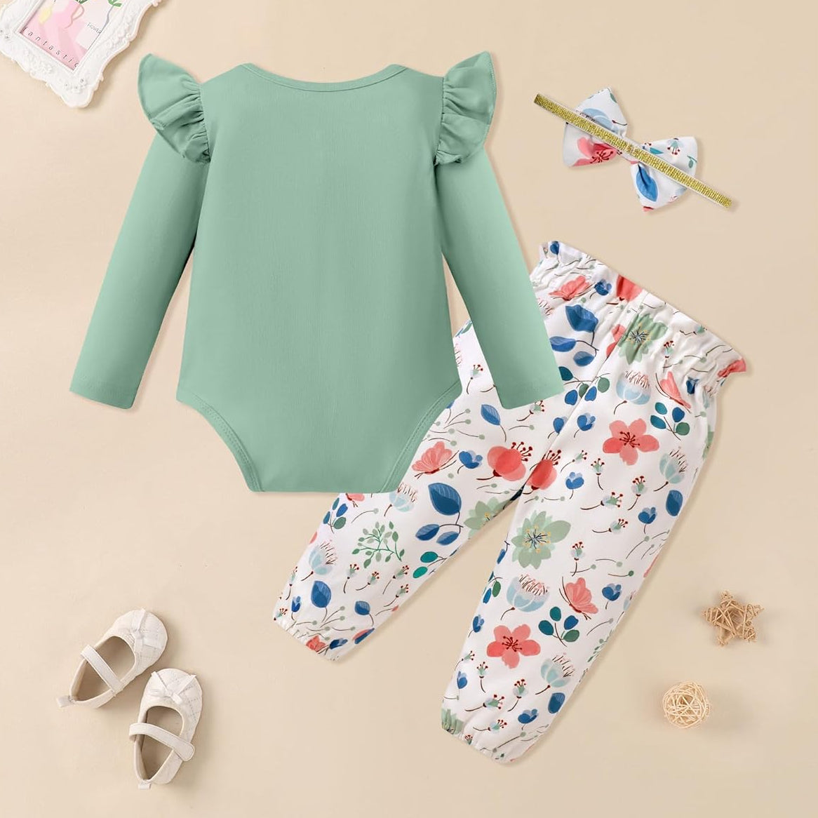 3PCS Little Miss Sassy Pants Letter Floral Printed Baby Girl Set