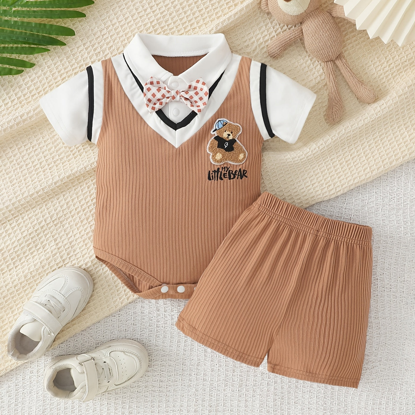 2PCS Preppy Style 3D Chenille Bear Patch Short Sleeve Baby Set