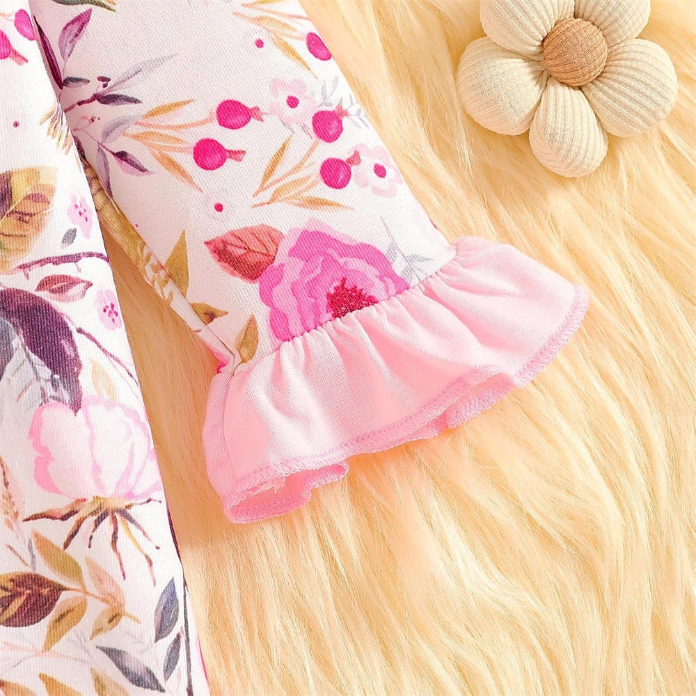 3PCS Sweet Floral Print Frill Long Sleeve Baby Jumpsuit