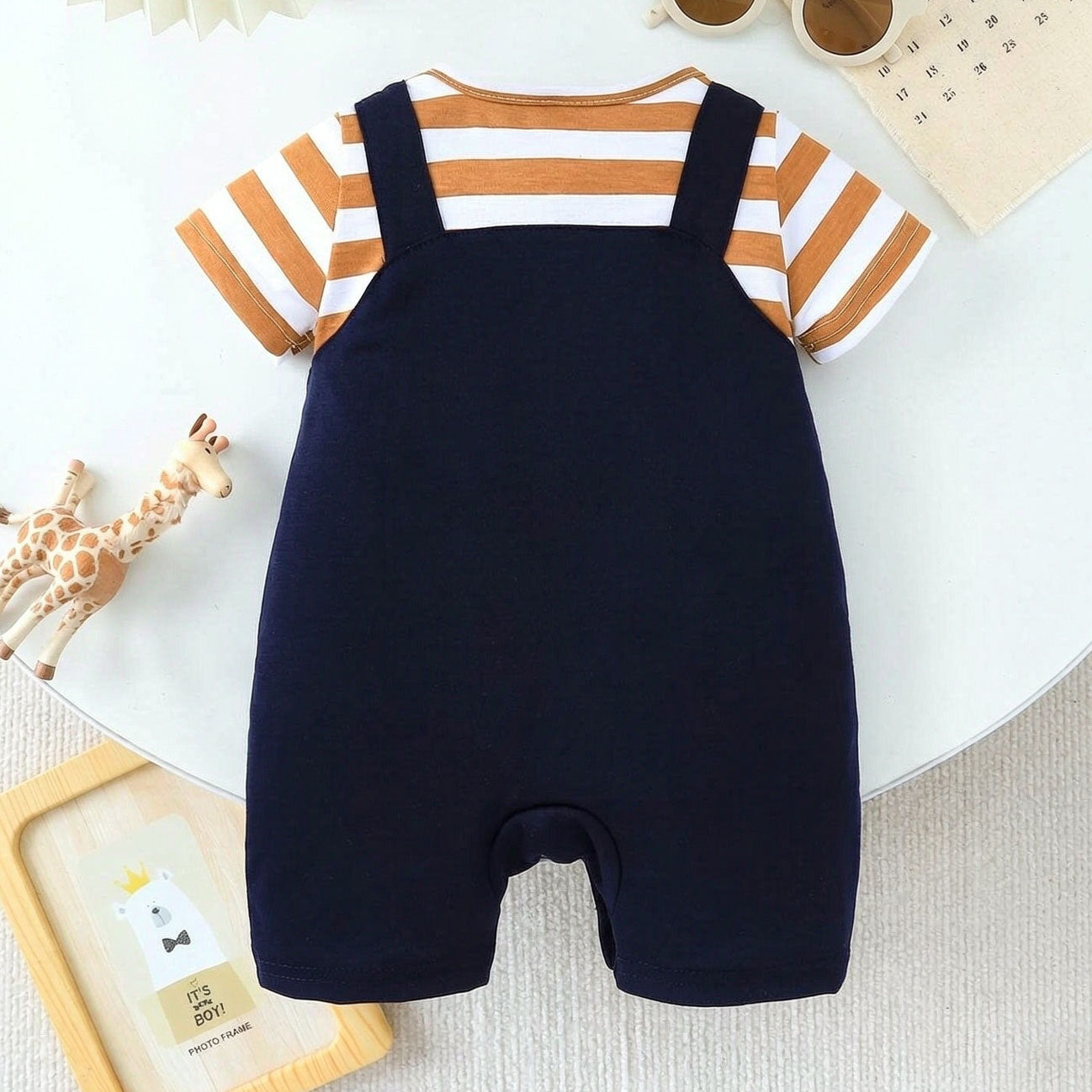 Casual Giraffe Embroidered Striped Print Short Sleeve Baby Jumpsuit