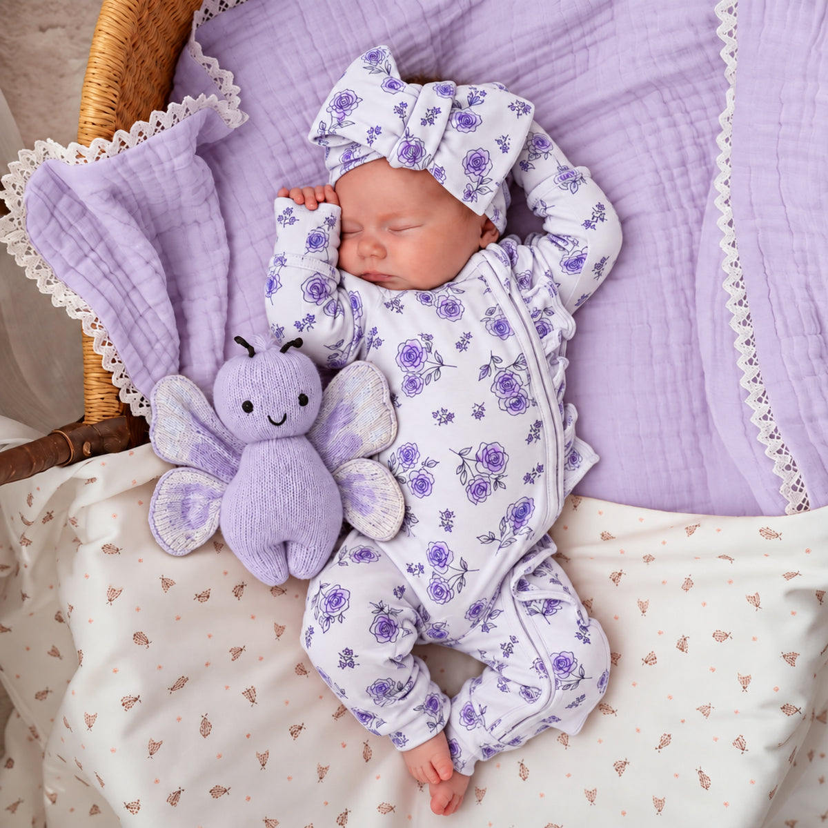 2PCS Baby Girl Floral Print Long Sleeve Ruffle Zipper Jumpsuit