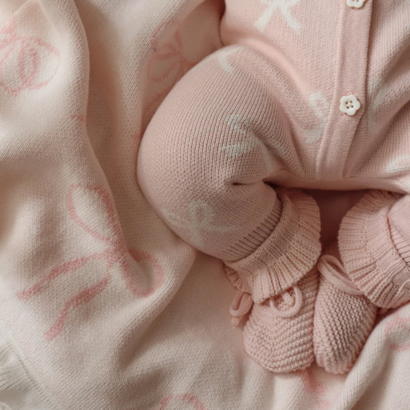 Warm Comfy Knit Bow Print Long Sleeve Baby Jumpsuit