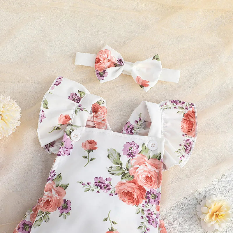 2PCS Elegant Floral Print Flutter Sleeve Baby Romper