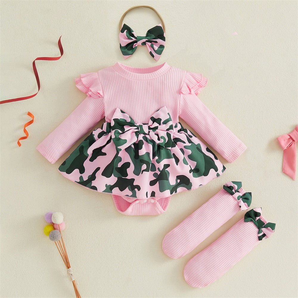 3PCS Adorable Camouflage Print Bow Baby Girl Romper
