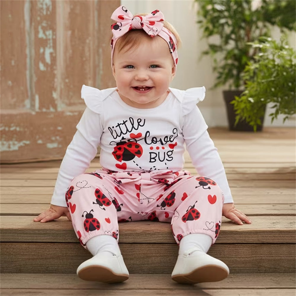 3PCS Little Love BUG Letter Print Long Sleeve Baby Set