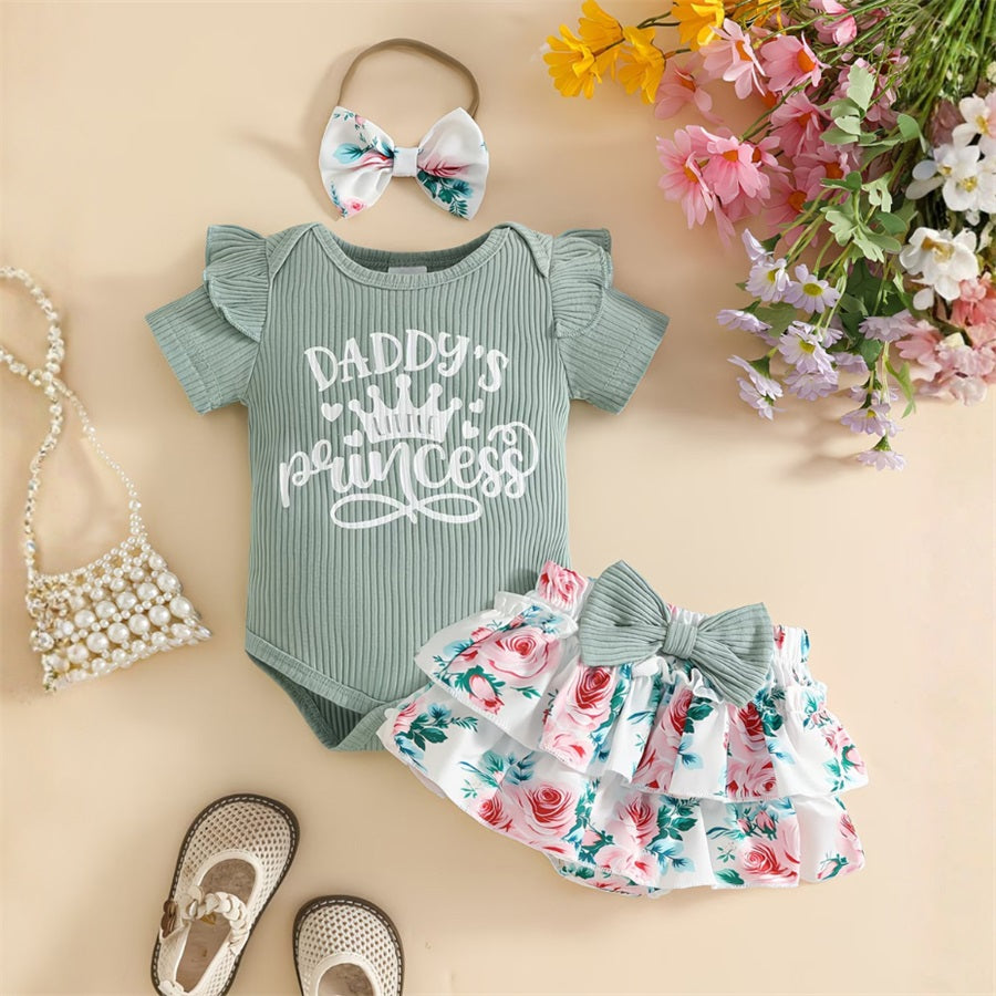 3PCS Daddy's Princess Letter Floral Printed Short Sleeve Baby Set