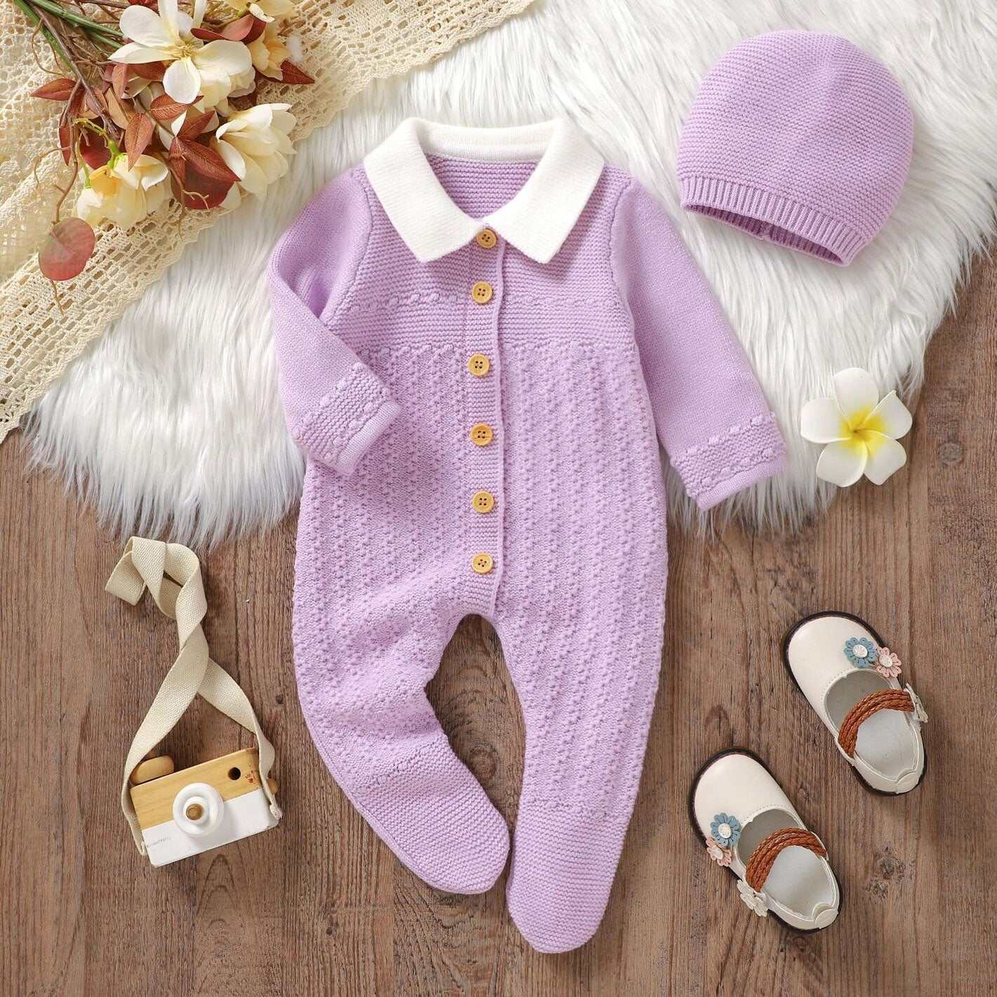 2PCS Lovely Solid Color Knit Long Sleeve Baby Girl Jumpsuit