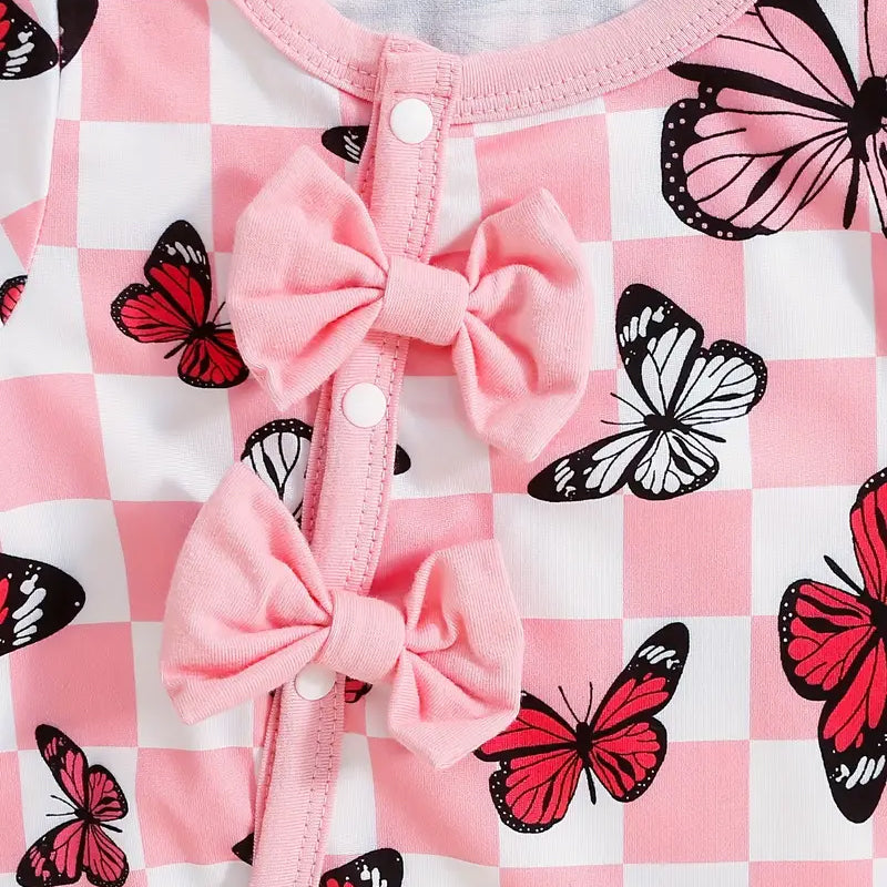 2PCS Sweet Butterfly Plaid Printed Long Sleeve Baby Jumpsuit