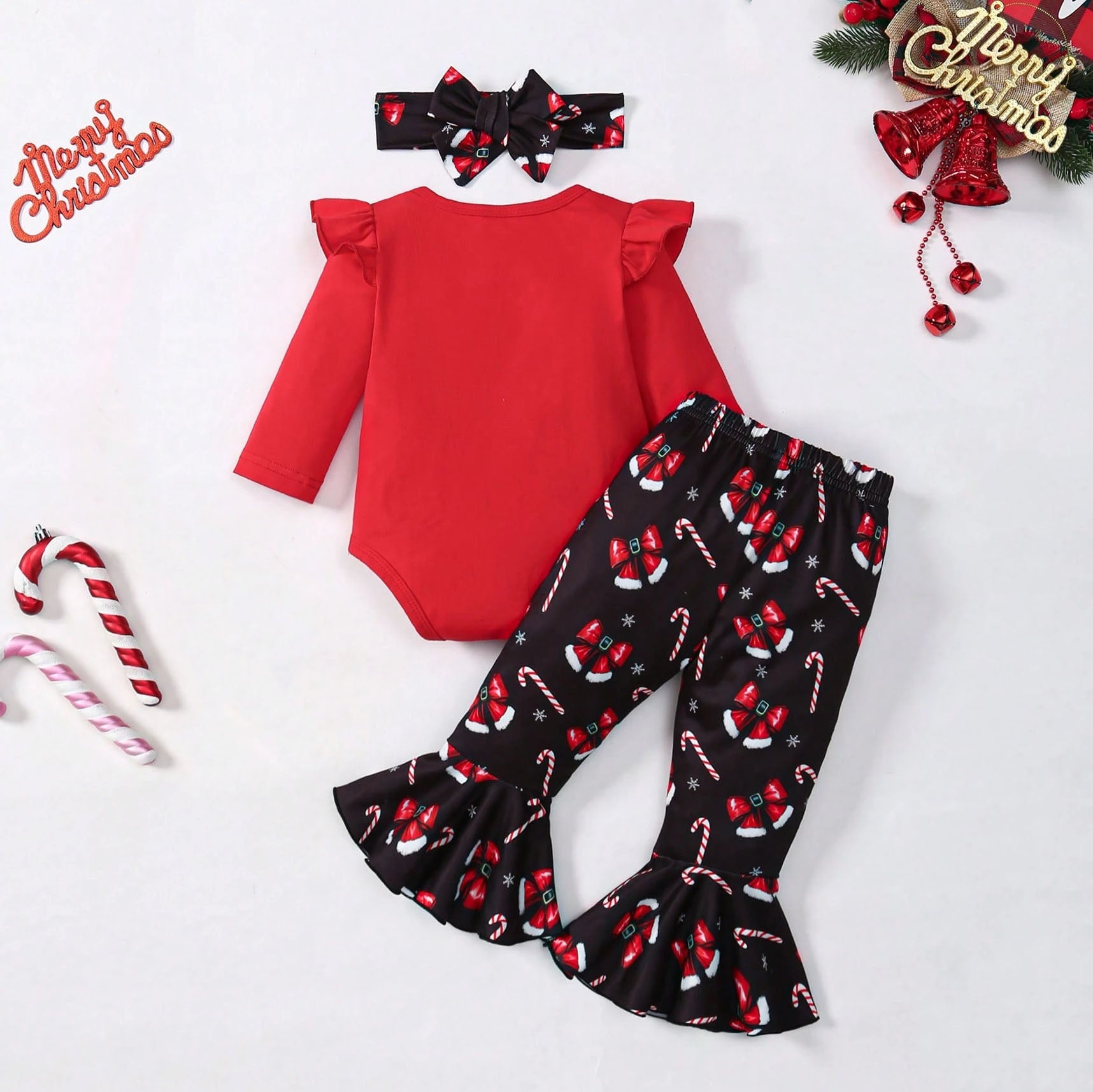 3PCS My First Christmas Letter Bow Print Baby Set