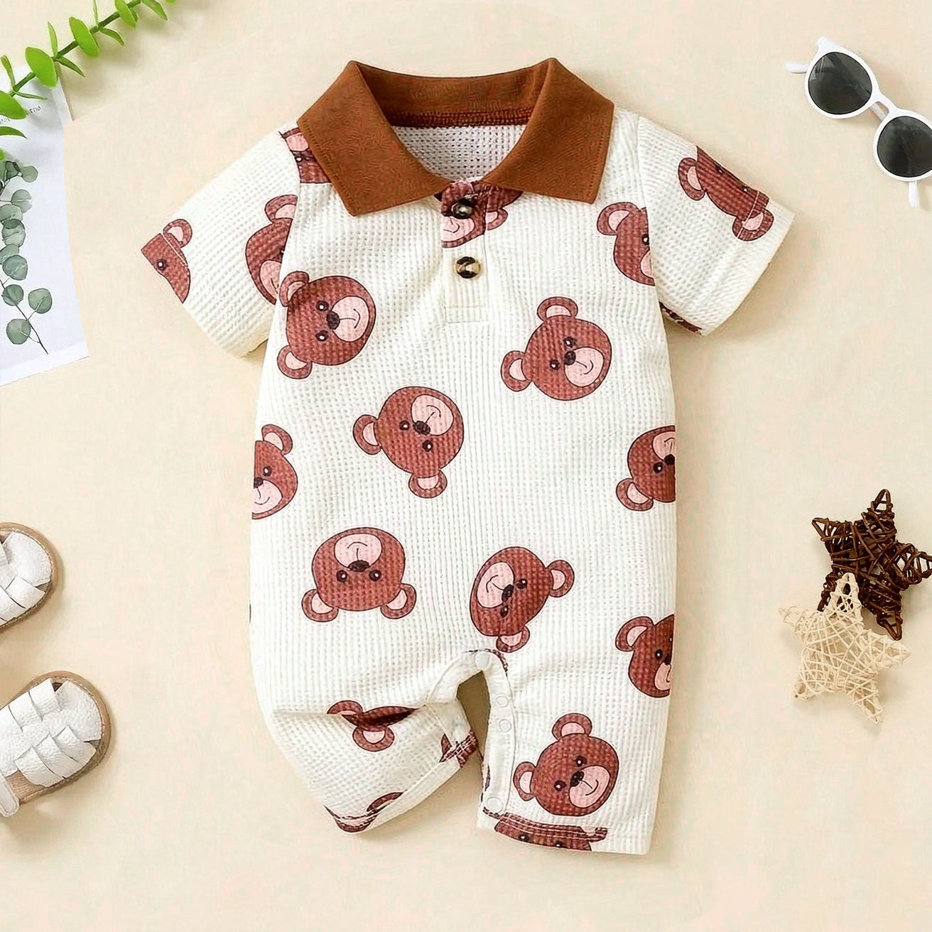 Cute Bear Printed Short Sleeve Polo Neck Baby Jumpsuit