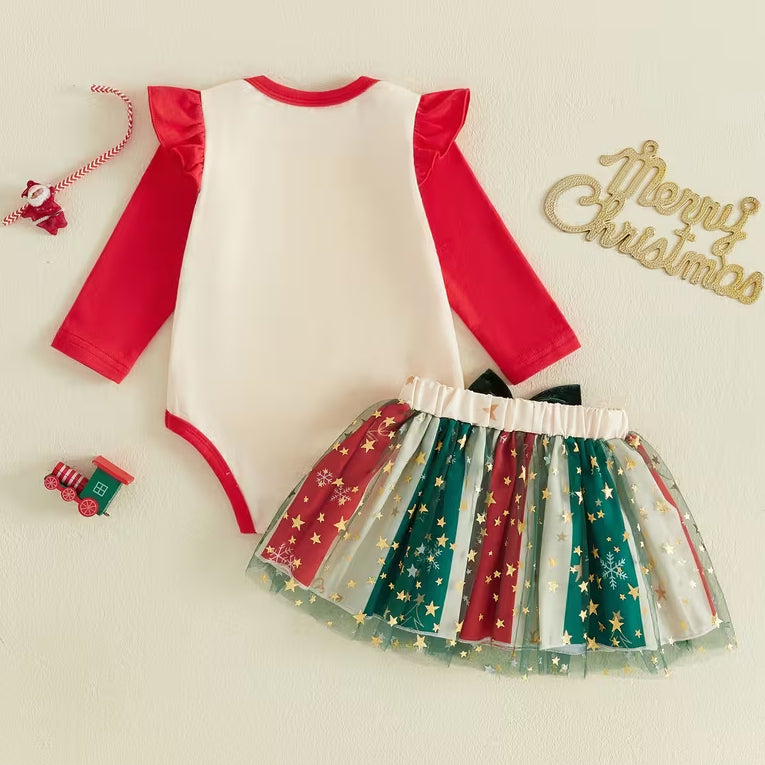 2PCS Sweet My First Christmas Letter Santa Print Tulle Baby Girl Set