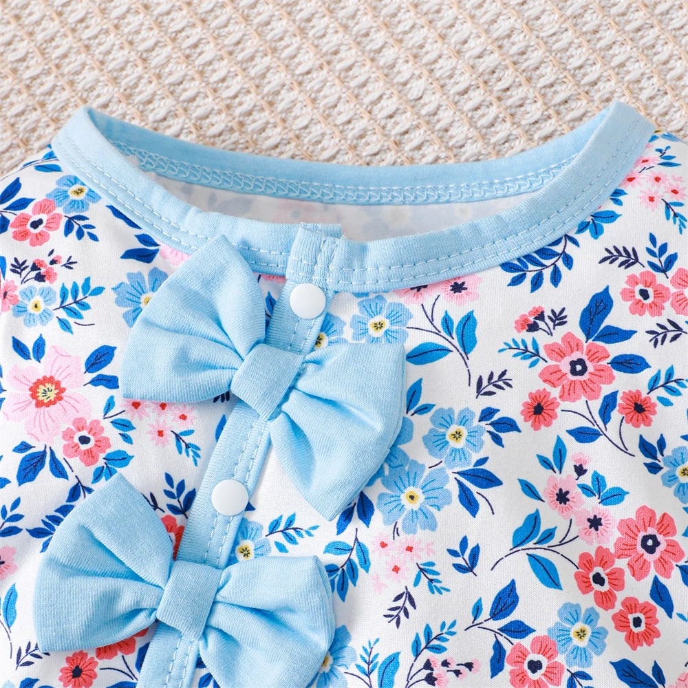 2PCS Trendy Floral Print Bow Long Sleeve Baby Jumpsuit
