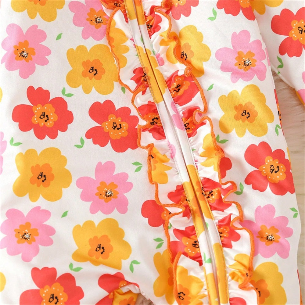 2PCS Allover Floral Print Long Sleeve Baby Jumpsuit