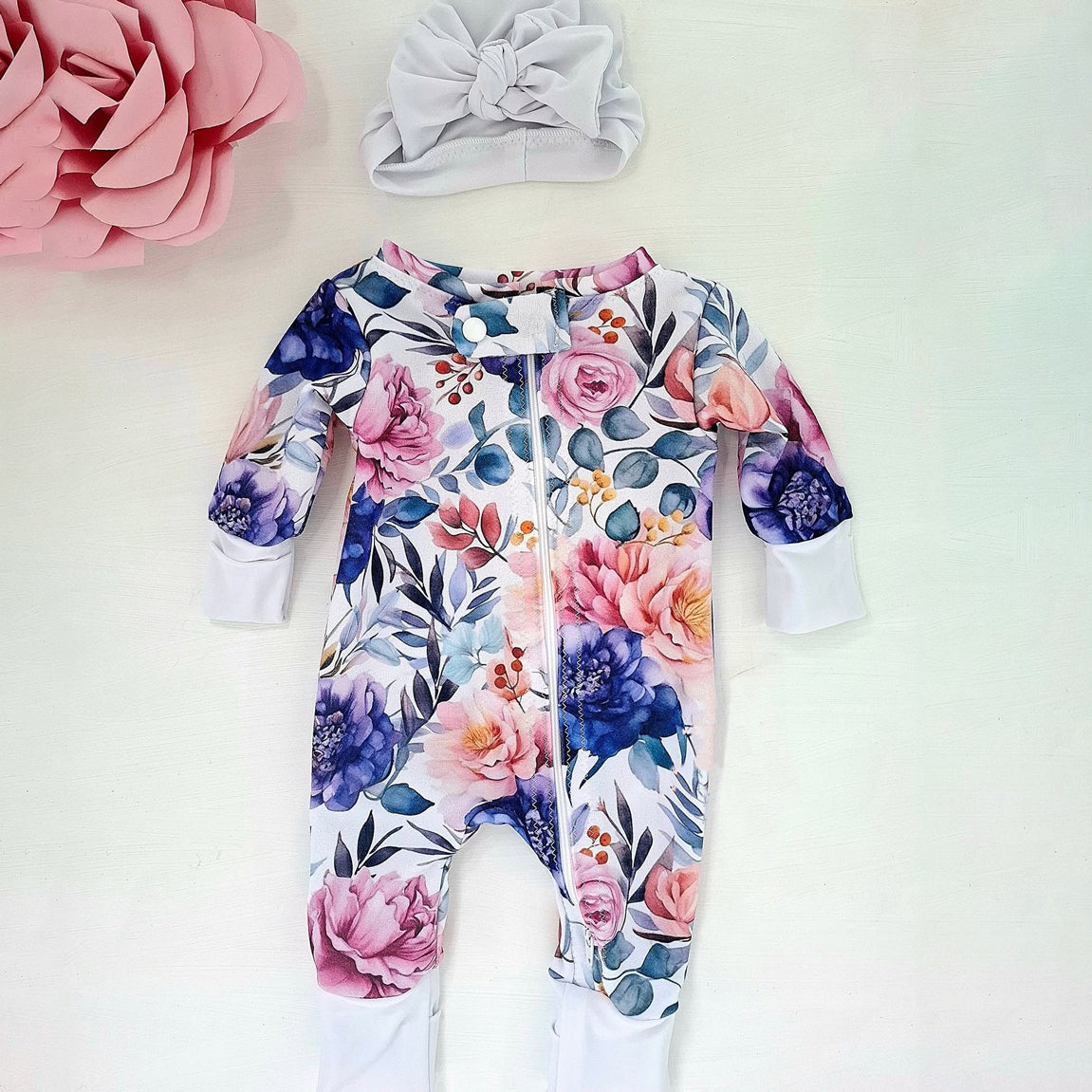2PCS Lovely Floral Print Zipper Long Sleeve Baby Jumpsuit