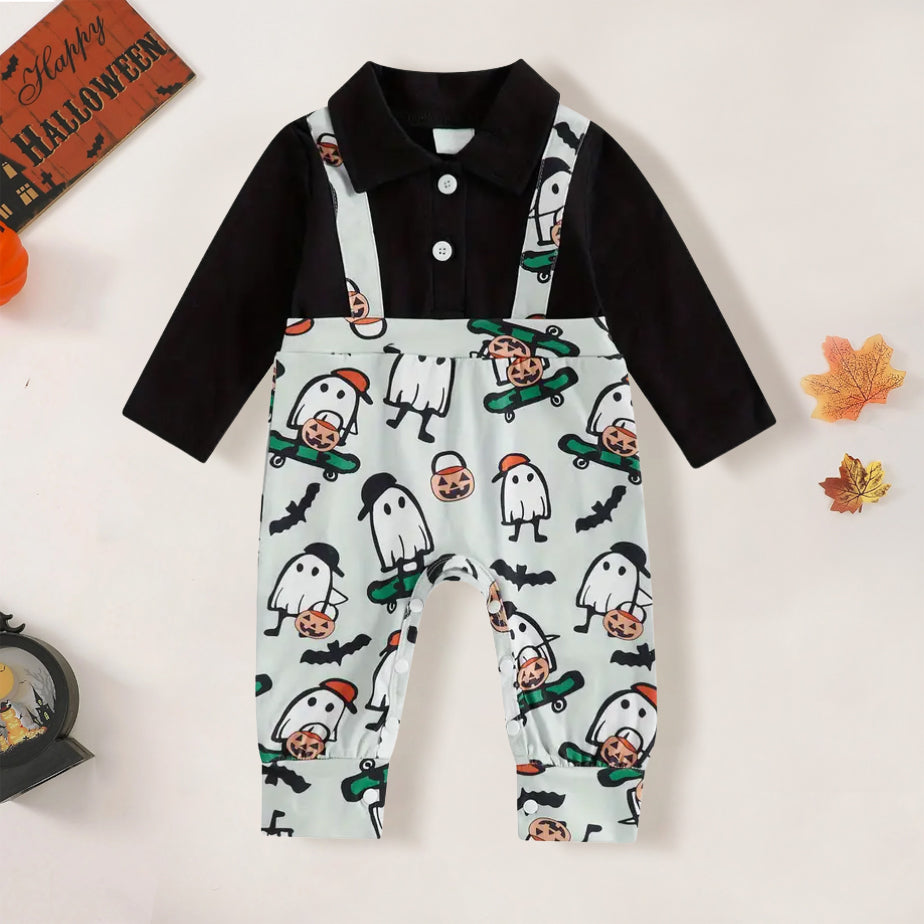 Cute Ghost Print Lapel Fake Two Baby Jumpsuit