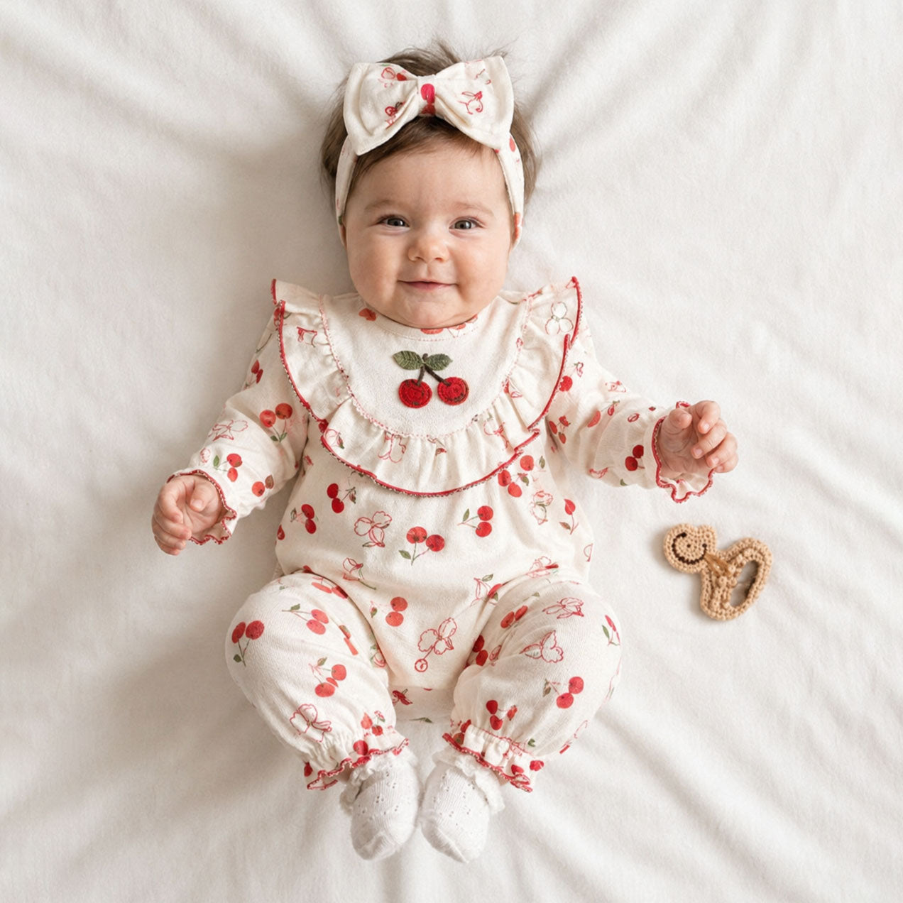 2PCS Cheerful Cherry Printed Long Sleeve Baby Jumpsuit