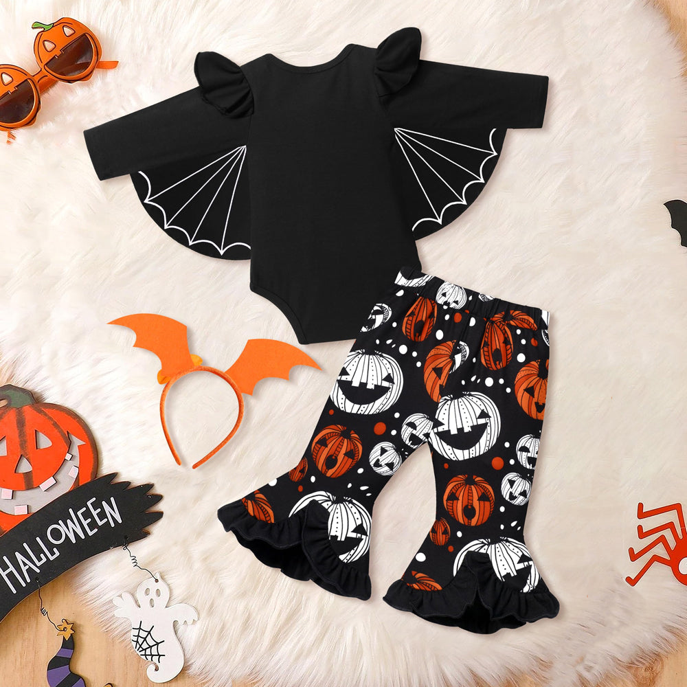 3PCS My First Halloween Letter Printed Batwing Long Sleeve Baby Set