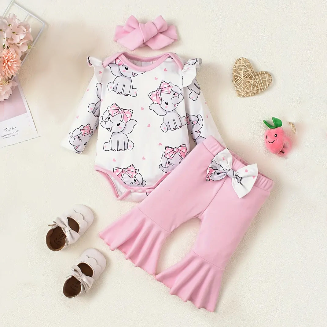 3PCS Pretty Elephant Printed Long Sleeve Bow Baby Set