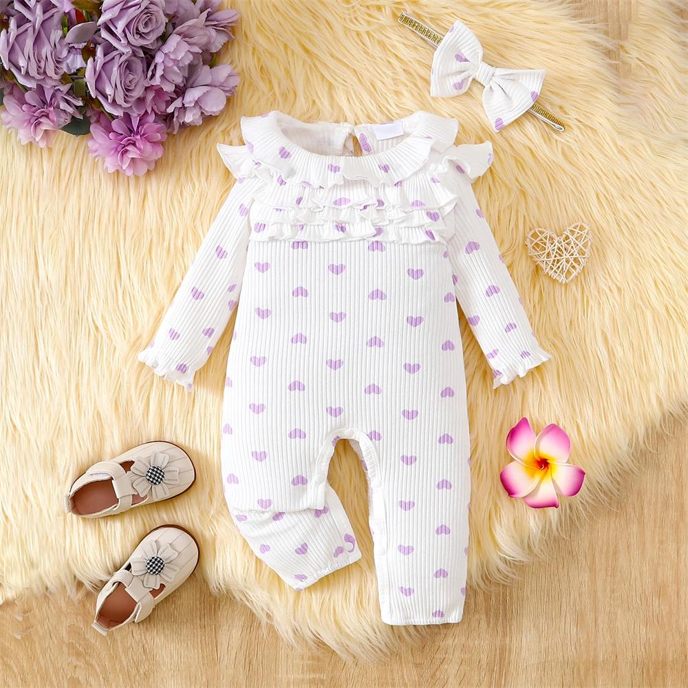 2PCS Little Heart Print Long Sleeve Baby Jumpsuit
