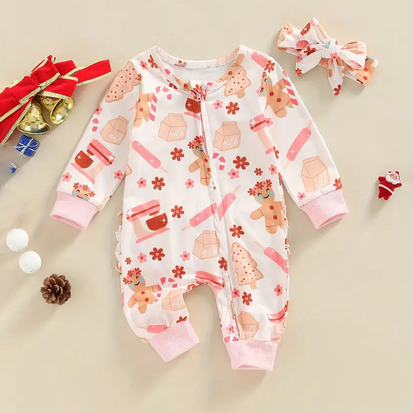 2PCS Lovely Christmas Gingerbread Printed Long Sleeve Baby Jumpsuit