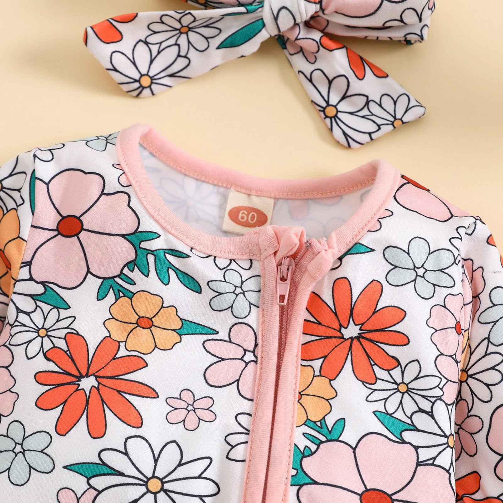 2PCS Floral Printed Long Sleeve Zipper Baby Jumpsuit