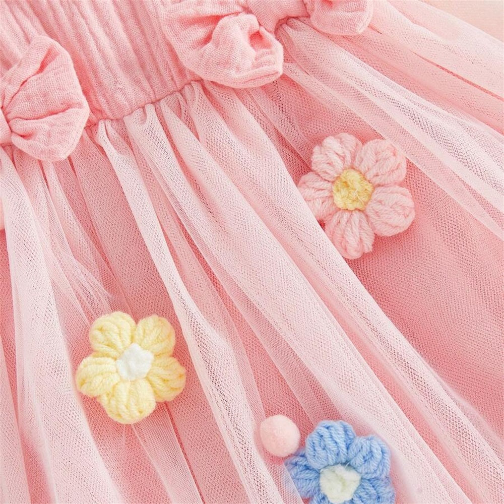 2PCS Sweet Floral Embroidery Short Sleeve Tulle Baby Romper