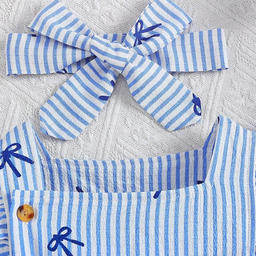 2PCS Sweet Bow Stripe Printed Flutter Sleeve Baby Girl Romper
