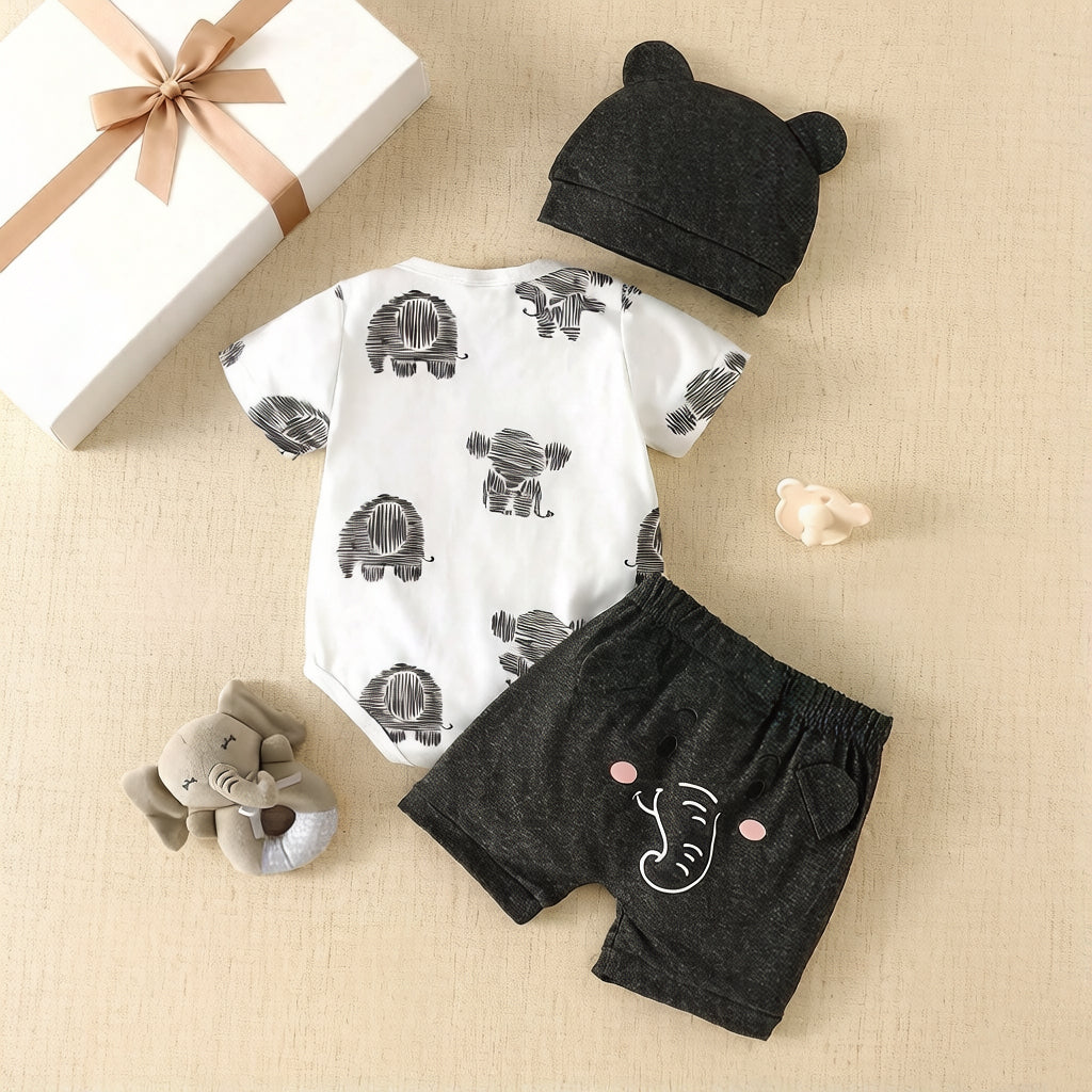 3PCS Adorable Elephant Print Short Sleeve Baby Boy Set