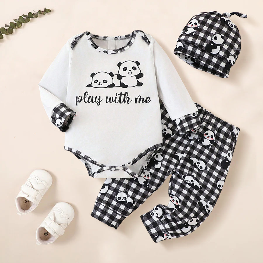 3PCS Play with Me Letter Panda Print Plaid Long Sleeve Baby Set