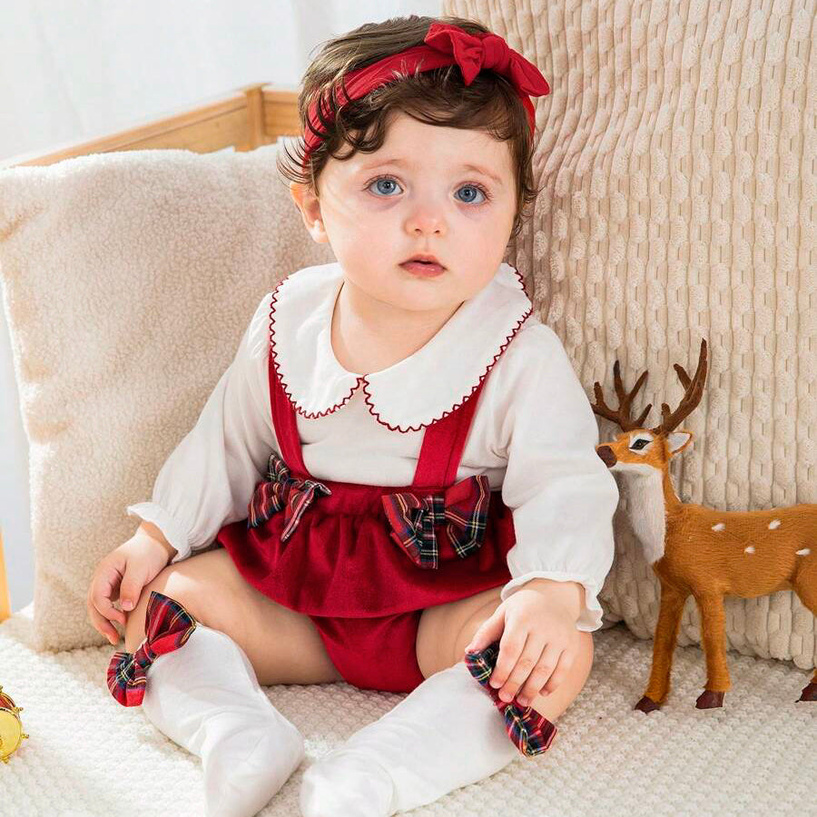 3PCS Solid Color Cute Bow Overalls Baby Set