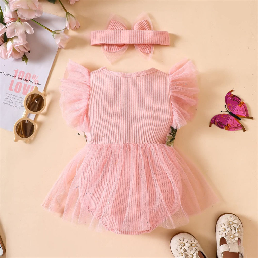 2PCS Floral Embroidery Fly Sleeve Tulle Skirt Baby Romper