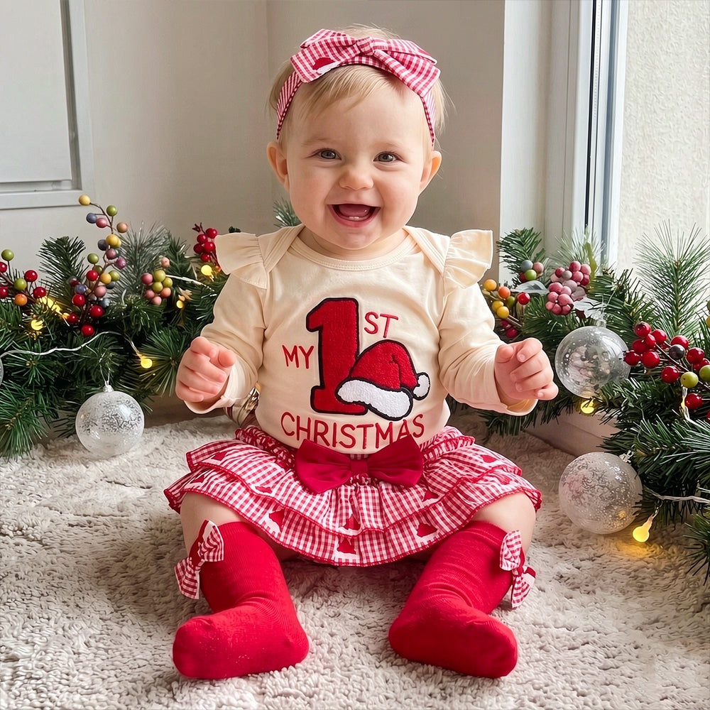 4 PCS My 1st Christmas Letter Santa Hat Plaid Print Baby Girl Set