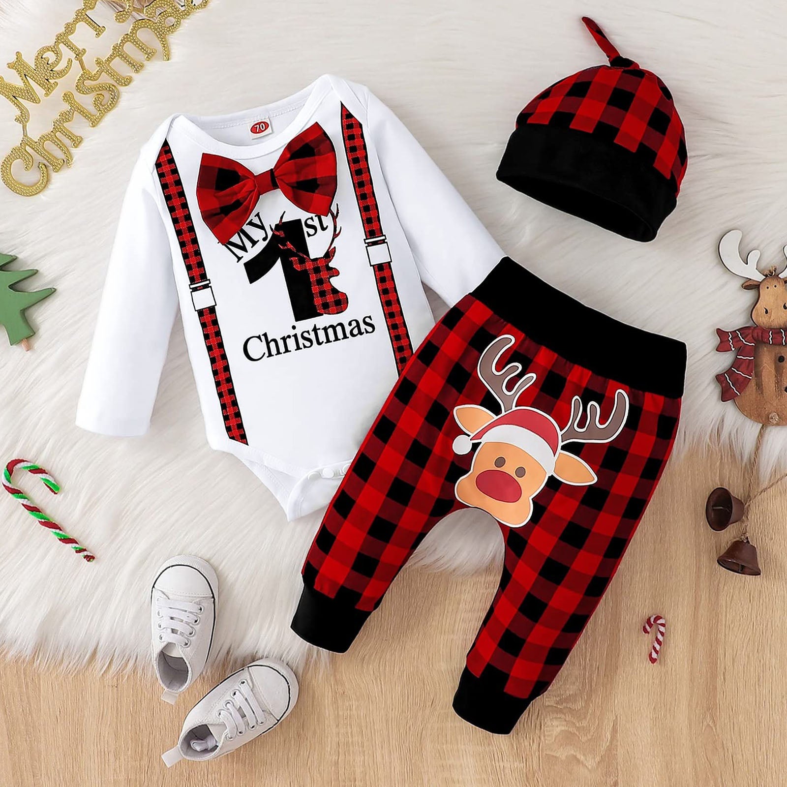 3PCS My 1st Christmas Letter Print Plaid Long Sleeve Baby Set