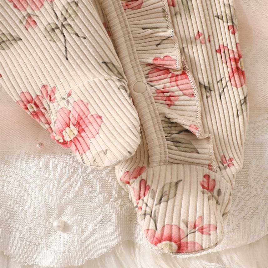 2PCS Delightful Baby Girl Floral Print Ruffle Long Sleeve Zipper Jumpsuit