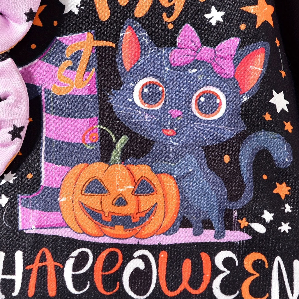 2PCS My 1st Halloween Letter Cat and Stars Printed Baby Girl Jumpsuit
