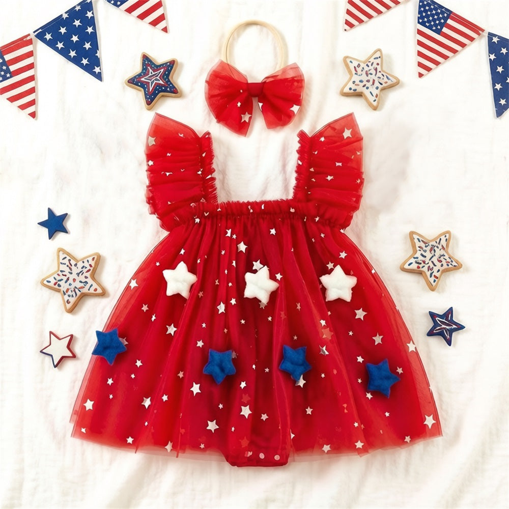 2PCS Independence Day Star Embroidery Fly Sleeve Mesh Baby Romper