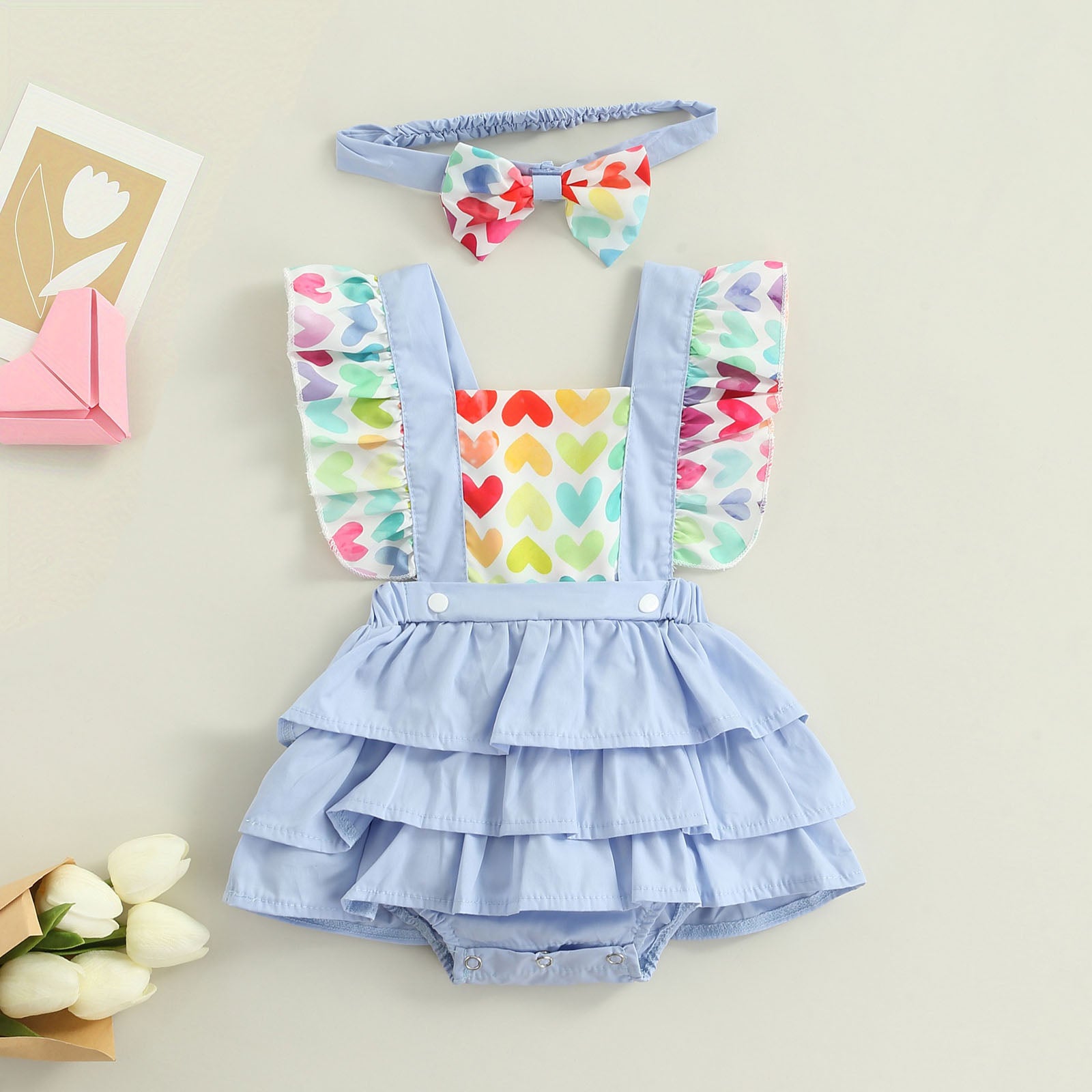 2PCS Dreamy Heart Printed Sleeveless Baby Romper