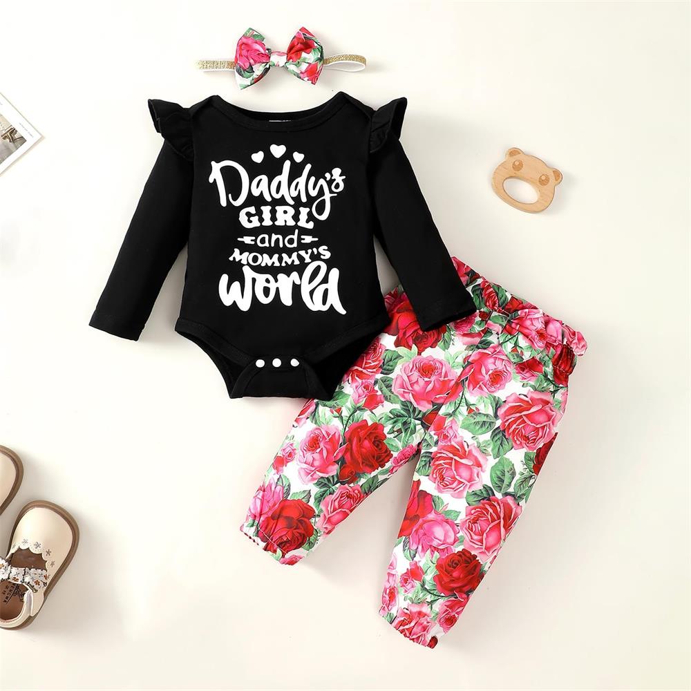 3PCS Daddy's Girl and Mommy's World Letter Floral Print Baby Set