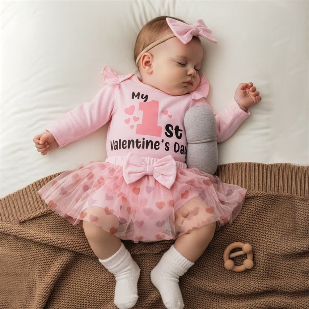 3PCS My 1st Valentine's Day Letter Heart Print Baby Set