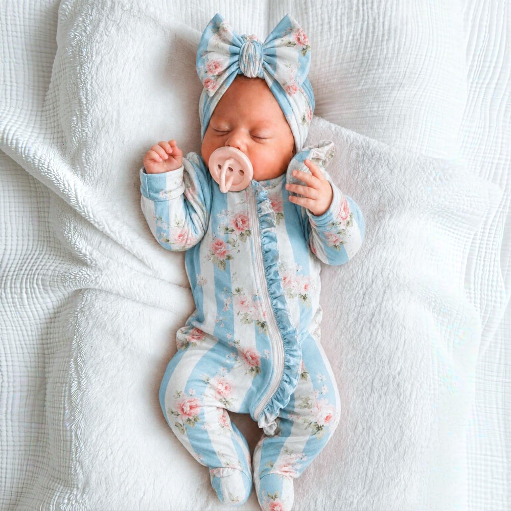 2PCS Sweet Floral Stripe Printed Long Sleeve Zipper Baby Jumpsuit