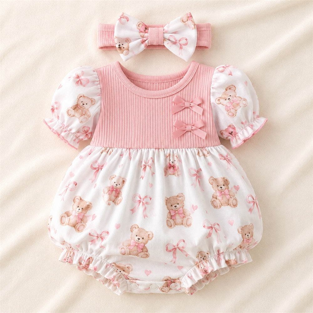 2PCS Cute Bow Bear Print Short Sleeve Baby Romper